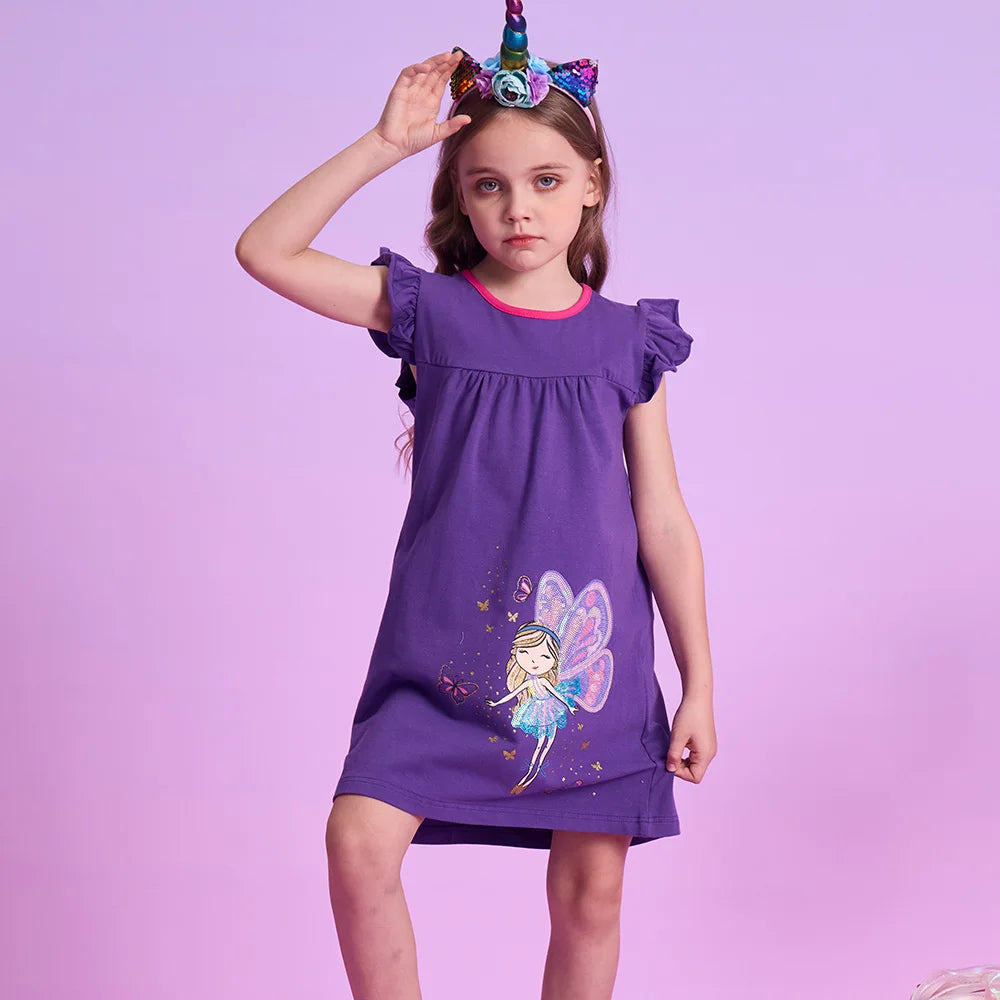 VIKITA Girls Summer Flare Sleeve Cotton Casual School Daily Frocks Purple Fairy Elf Butterfly Sequins Sparkling Straight Dress