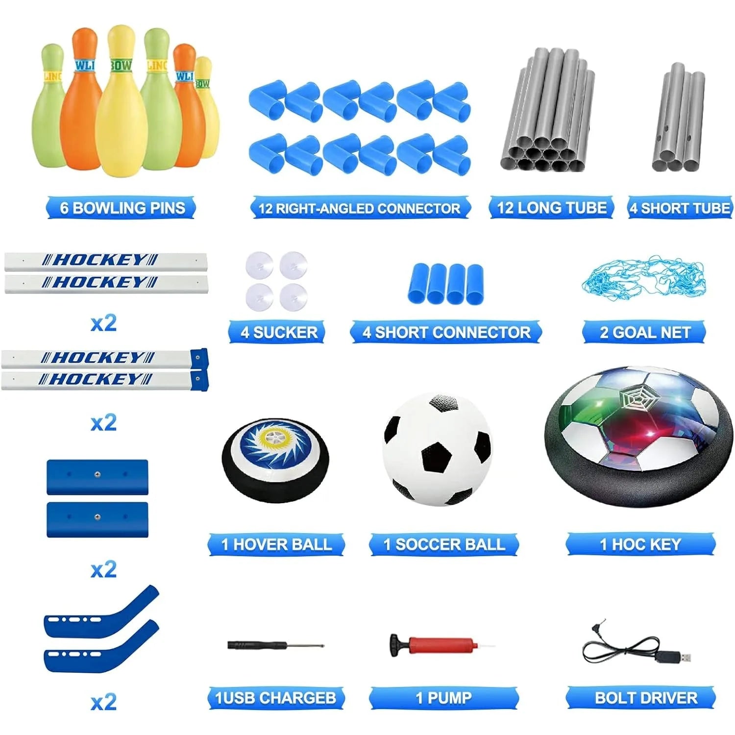 3-in-1 Hover Soccer Ball Hockey Bowling Set Indoor Outdoor Toys for Kids Outside Toys with LED Lights Christmas Birthday Gifts