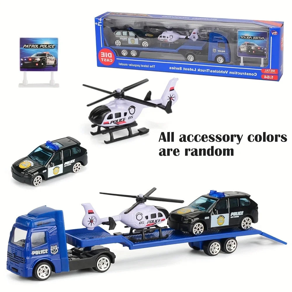 Friction Powered Carrier Truck Toy Push and Go Construction Car Toy Alloy Tow Trailer Trucks Set Gift for Toddlers Boys Girls