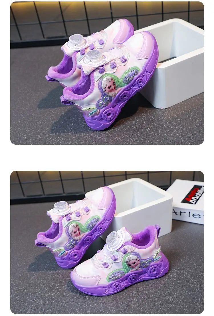 Disney LED Casual Sneakers Pink Purple For Summer Girls Frozen Elsa Princess Print Outdoor Shoes Children Lighted Non-slip Shoes