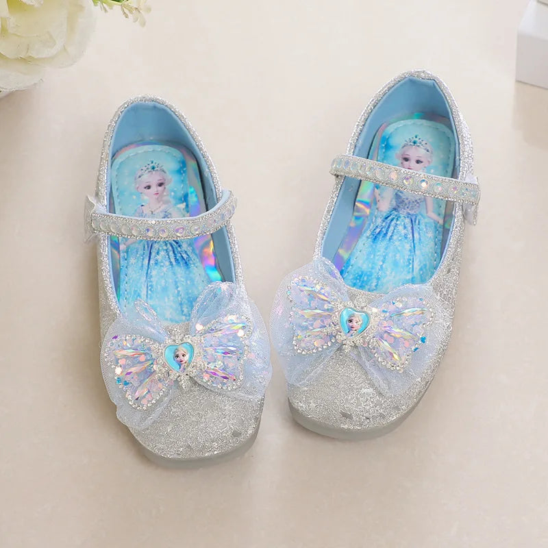 Kids'Casual Shoes Elsa Princess Frozen PU Leather Crystal Bow Spring Shoes For Girls Anti-slip Pink Blue Shoes Size 26-36