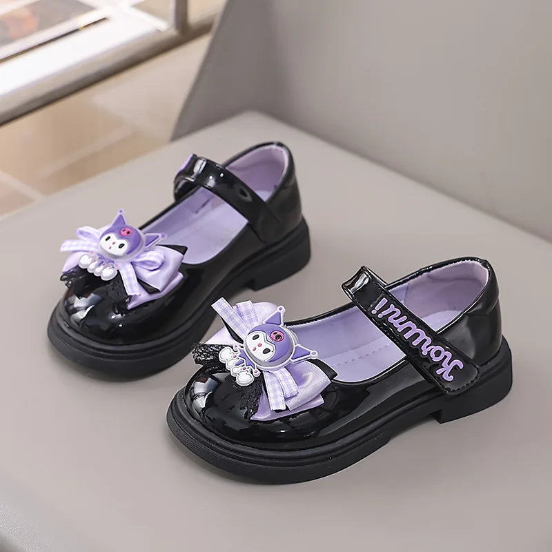 Kids'Sandals Kuromi PU Leather Bow Flat Spring Shoes For Girls Anti-slip Soft Thick Bottom White Black Shoes Size 26-36