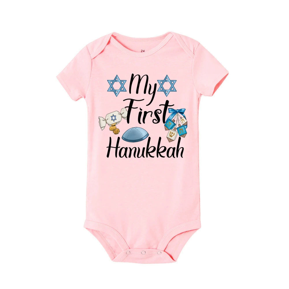 My First Hanukkah Print Baby Bodysuit Boys Girls Jewish Chanukah Short Sleeve Romper Infant Newborn Holiday Outfits Kids Clothes