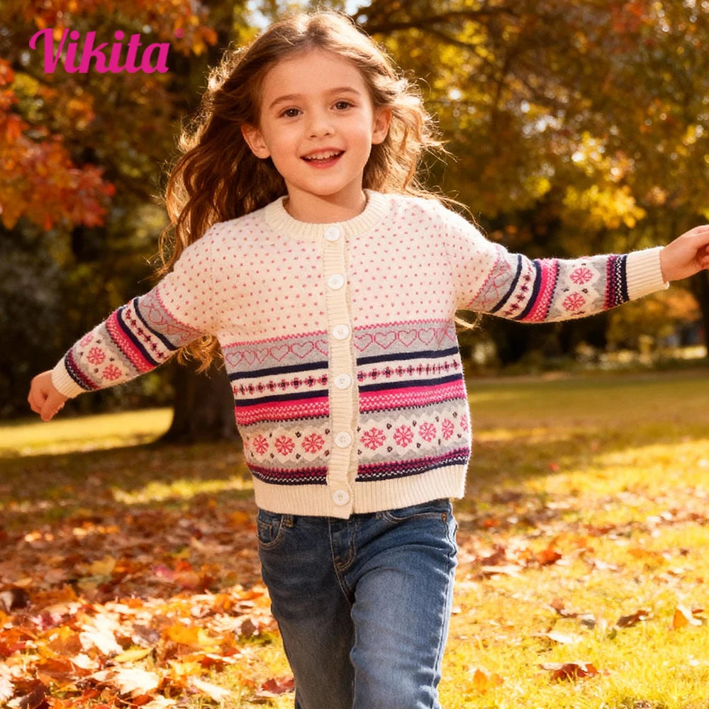 VIKITA Teenagers Cardigans Girls Snowflakes Heart Shape Striped Casual Fashion Cute Sweaters Kids Coat Outer Wear Tops Costumes