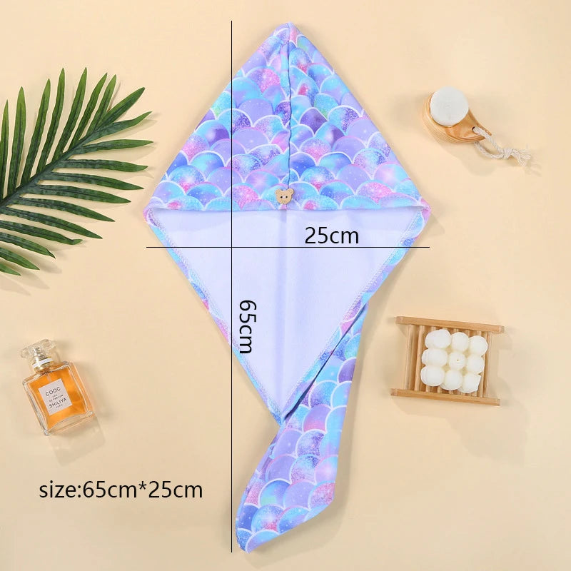 Kid 2-16Year Rapid Dry Hair Towel Microfiber Mermaid Pattern Anti Frizz Dry Hair Bath Cap Towel Quick Teen Girl Beach Shower Cap
