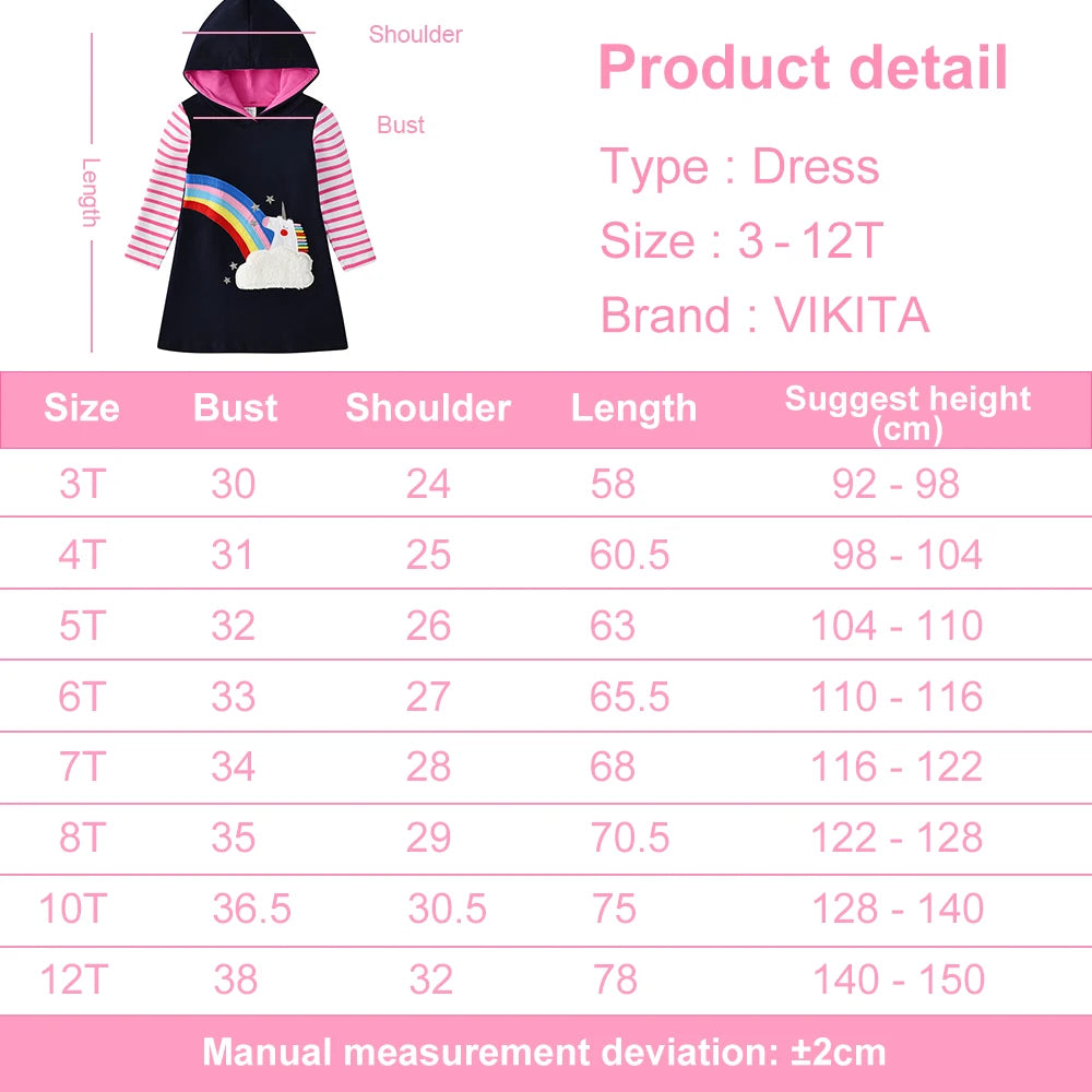 VIKITA Toddlers Hoodies Autumn Spring Winter Straight Dress Kids Unicorn Rainbow Appliqued Striped Street Sports Cotton Dresses