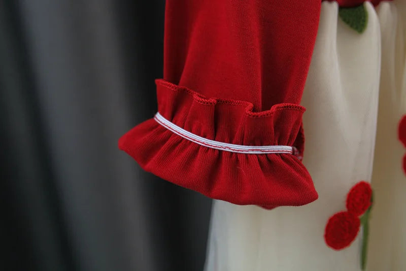 Spring And Autumn New Cherry Chiffon Baby Girl Princess Dress, Red Long Sleeve Christmas Party Children'S Clothes（0-3 Years Old）