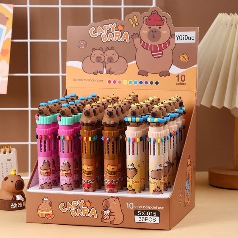 Cute Capybara 36Pcs 10 Color Ballpoint Pen Cartoon Set Capibala Creative Modeling 0.5Mm Multicolor Pen Students Learn Stationery