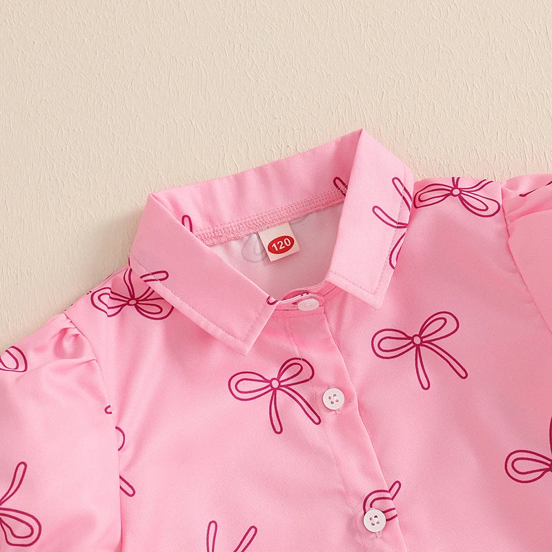 Girls Summer Outfits Adorable Bow Print Short-Sleeve T-Shirt with Button-Up Detail and Elastic Flare Pants - 2-Piece Set for