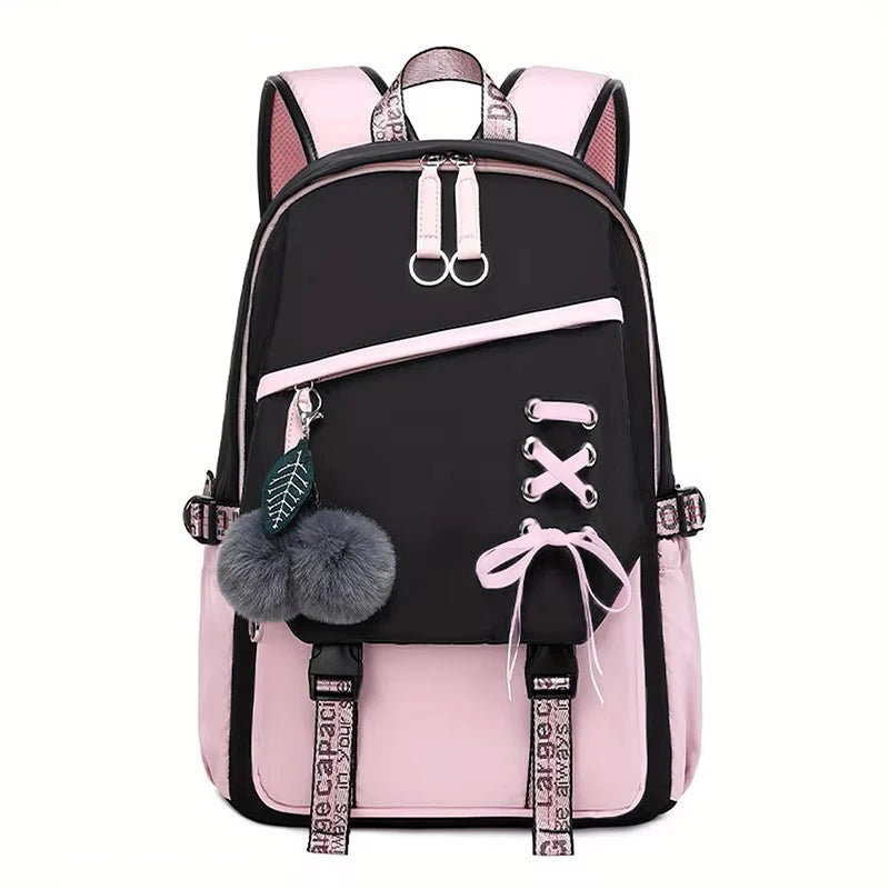 Large Capacity Schoolbag with Cute Plush Pendant Cute Girls Backpack Waterproof Nylon Fabric Bookbag for Kids Teens Students
