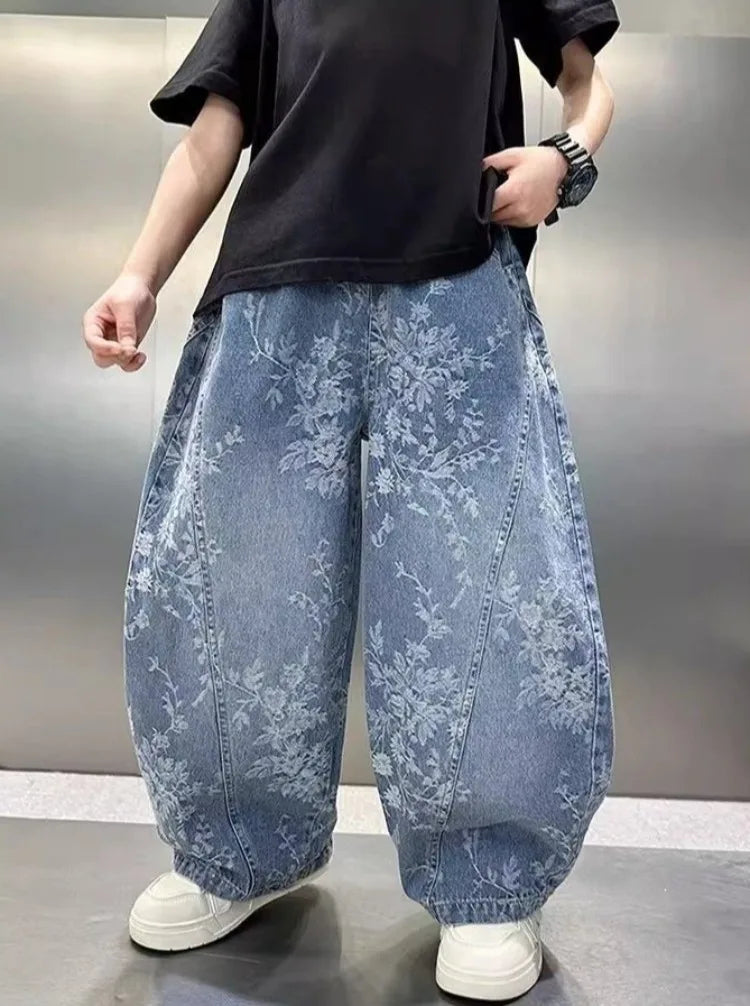 Kids' Casual Wide-Leg Jeans with Jacquard Print - Boys & Girls Big Kids Comfort Fit Spring Autumn Pants