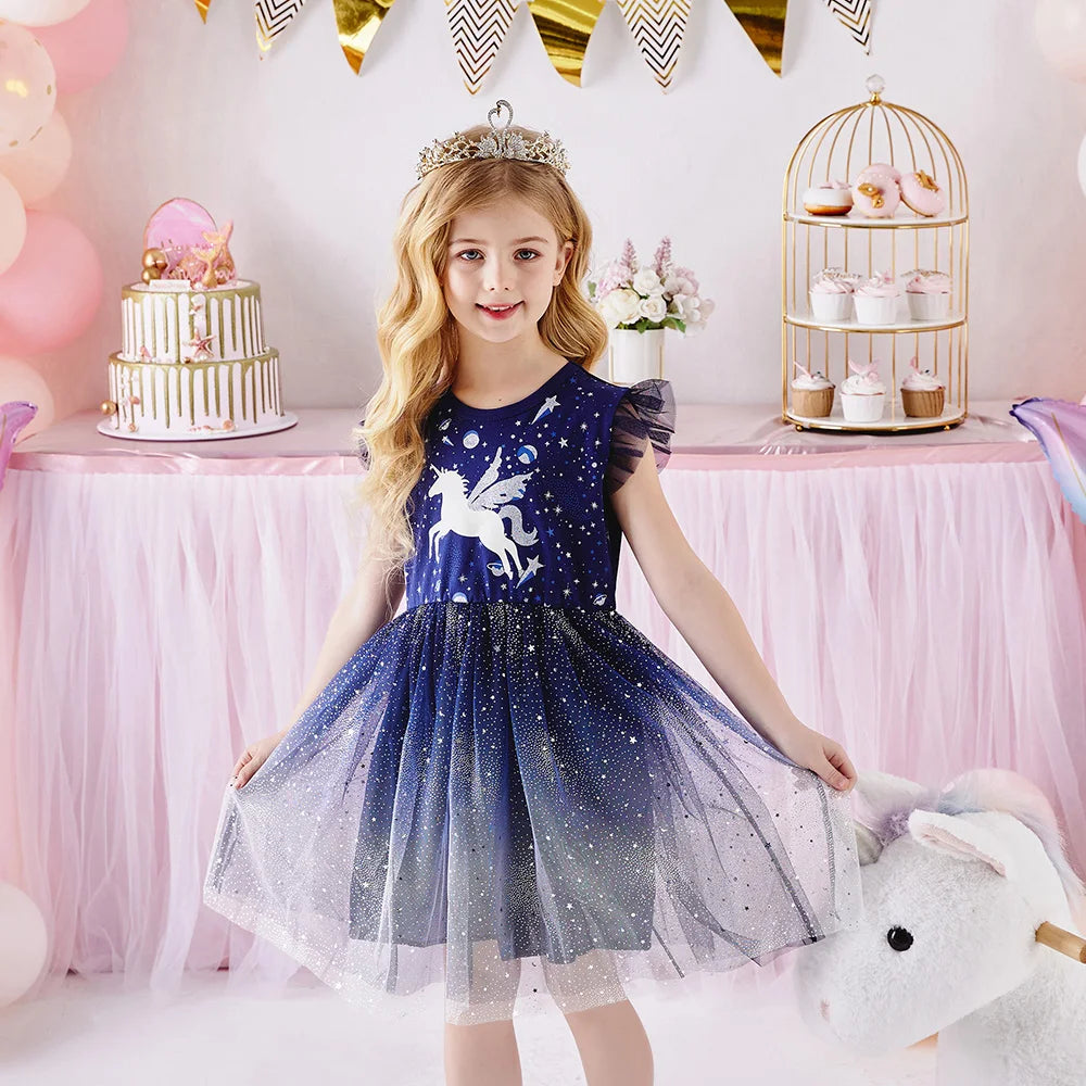 VIKITA Kids Licorne Cartoon Dress Girls Flare Sleeve Summer Dresses Girls Gradient Birthday Party Performance Princess Dresses