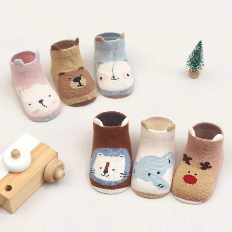6 Pairs Kids Cotton Socks Non-slip Boys and Girls Cute Cartoon Animal Patterned Comfy Breathable Baby Floor Socks