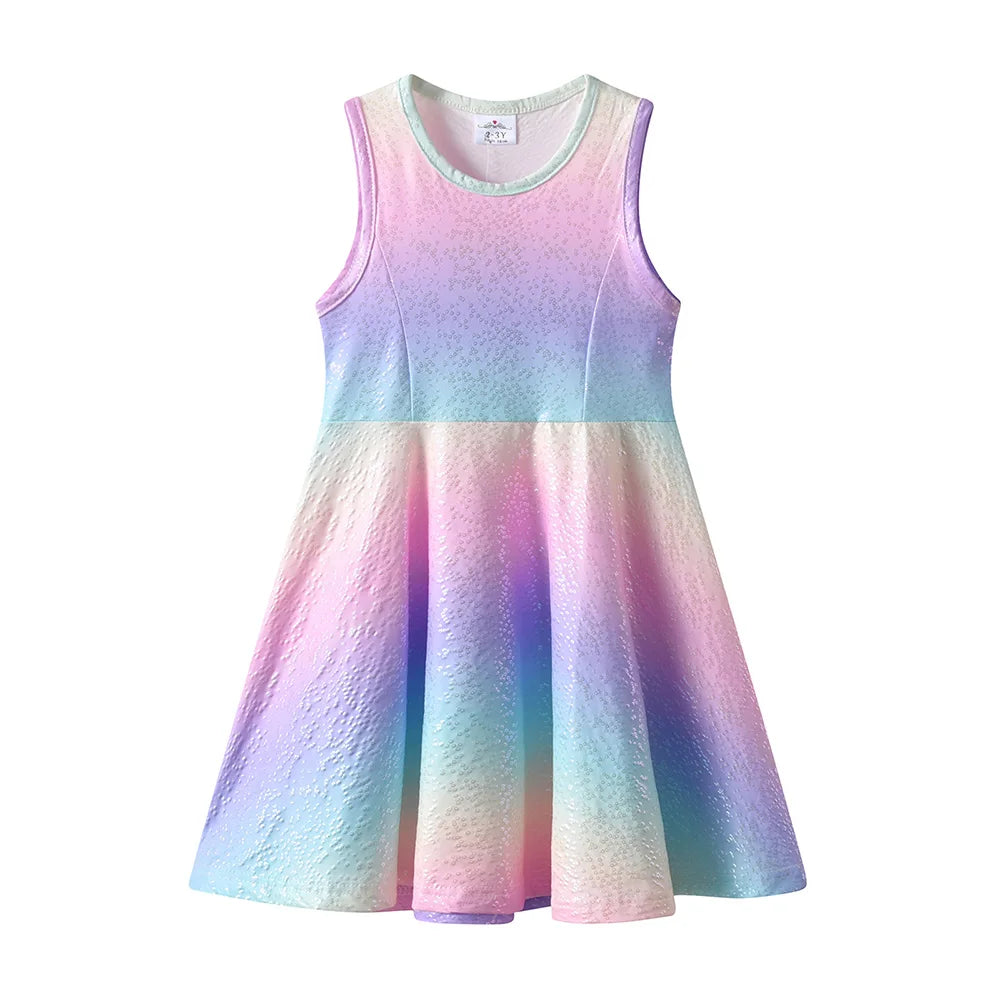 VIKITA Girls Rainbow Colorful Multicolor Polyester Sleeveless Dress Kids Cute Fashion Summer Beach Party Casual Dresses for Kids