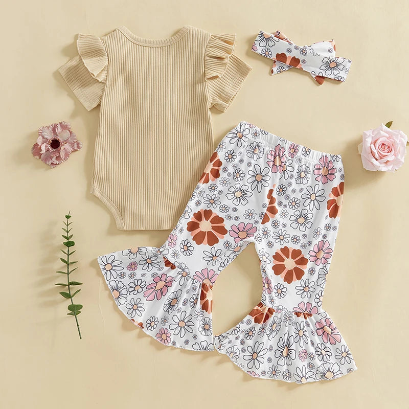 Toddler Girls 3 Piece Outfit Set Ruffle Sleeve Bodysuit Floral Bell Bottom Pants Headband Set for Baby Girl