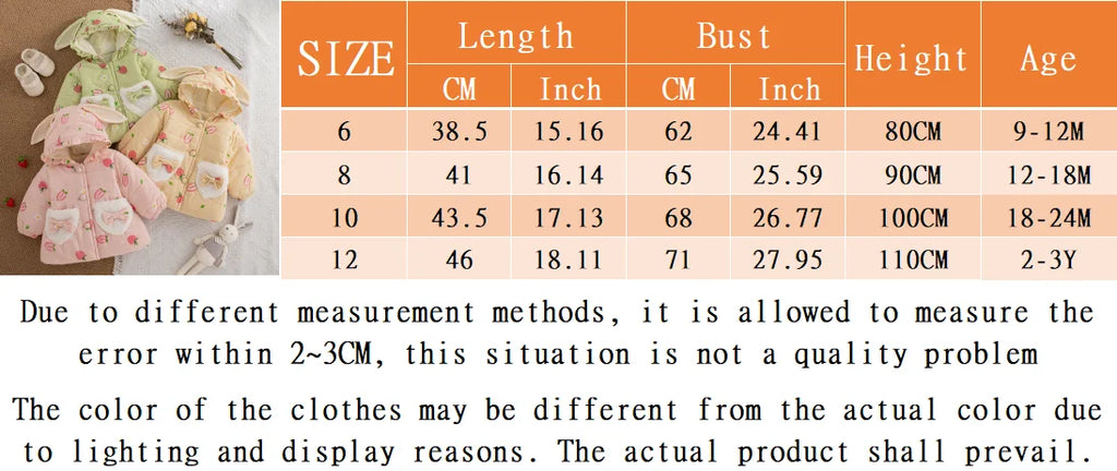 Winter New Sweet Strawberry Baby Girl Coat, Thick And Warm Cute Hat, Children'S Long Sleeved Clothes (9 Months -3 Years Old)