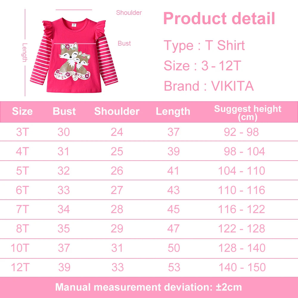 VIKITA Toddlers Rose Colored Long Sleeve Striped T Shirts Kids Based Casual Daily Cute Fox Floral Cartoon Print Cotton Tops Tees