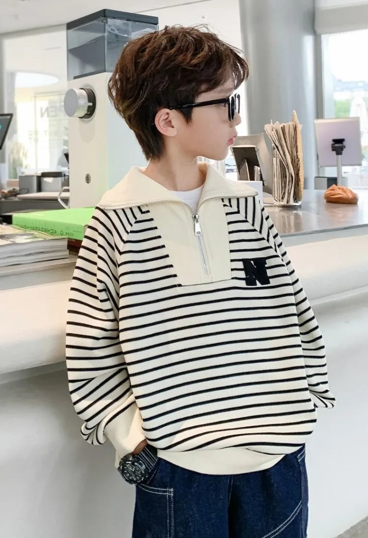 Boys' Medium-Large 2025 Spring/Autumn Korean Style Large Collar Black & White Striped No Hood Sweatshirt