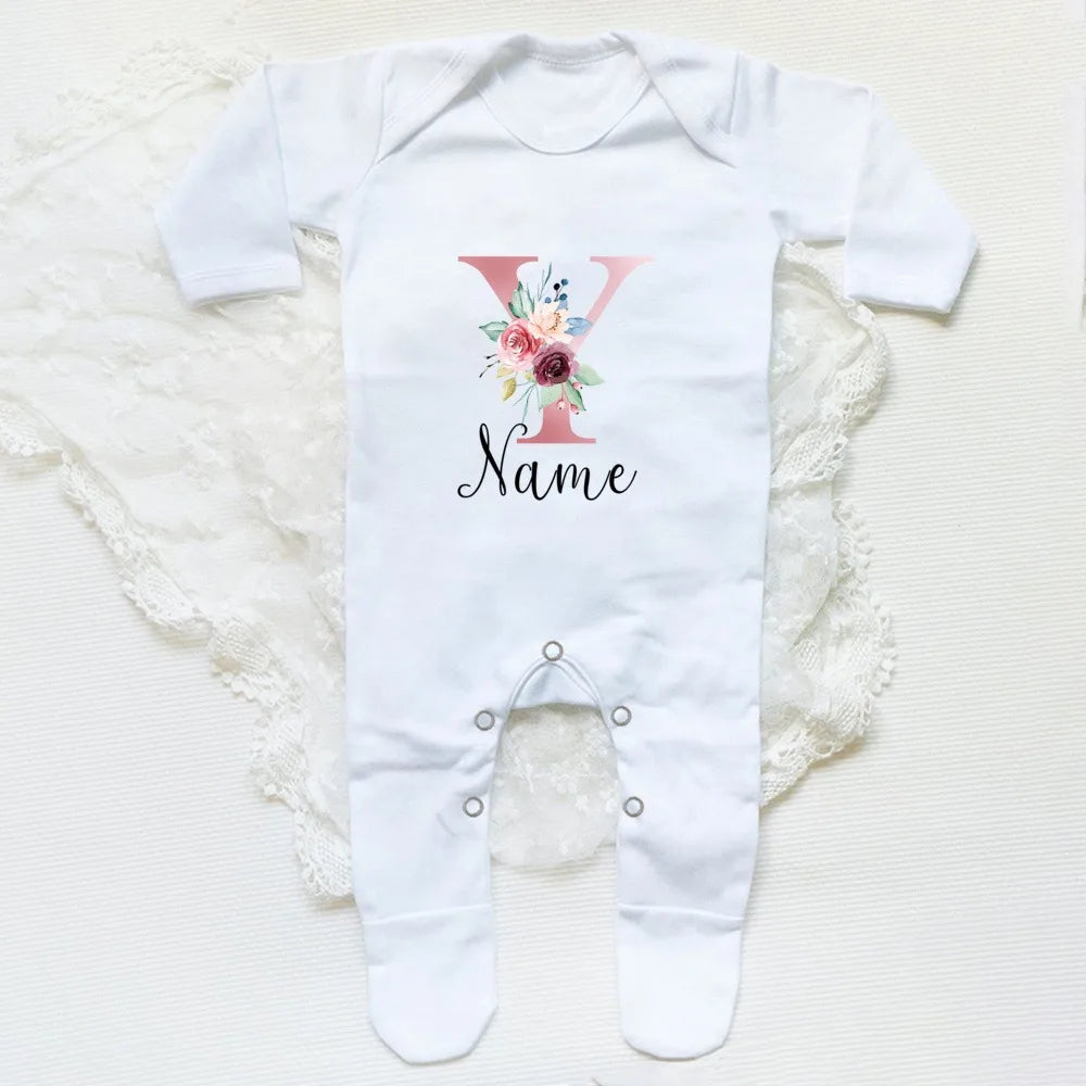 Personalised Babygrow Sleepsuit Flower Initial Infant Romper Baby Coming Home Outfit Newbron Shower Gift Baby Girls Sleepsuit