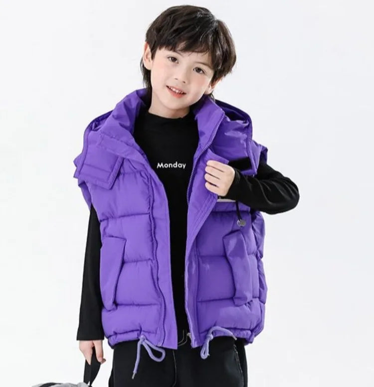 2025 Kids Puffy Windproof Quilted Sleeveless Jacket Korean Style Oversized Cargo Vest for Toddler Boys Thermal Insulated Outdoor