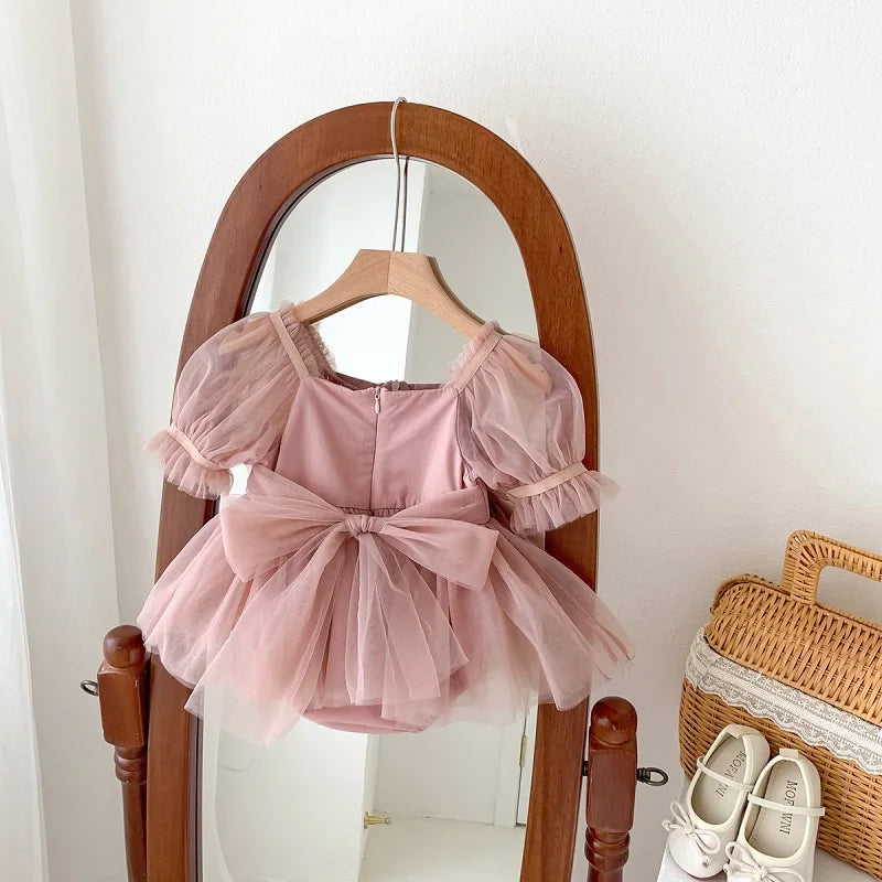 2025 Summer Baby Clothes 100 Day Baptism Birthday Party Sleeveless jumpsuit Mesh Bow Romper Girl Princess Dress
