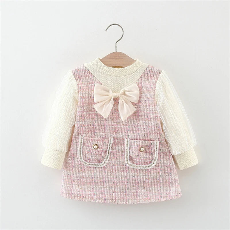 Spring And Autumn New Sweet Bow Baby Girl Princess Dress, Pink Checkered Children'S Clothes For Babies Aged 9 Months To 3 Years