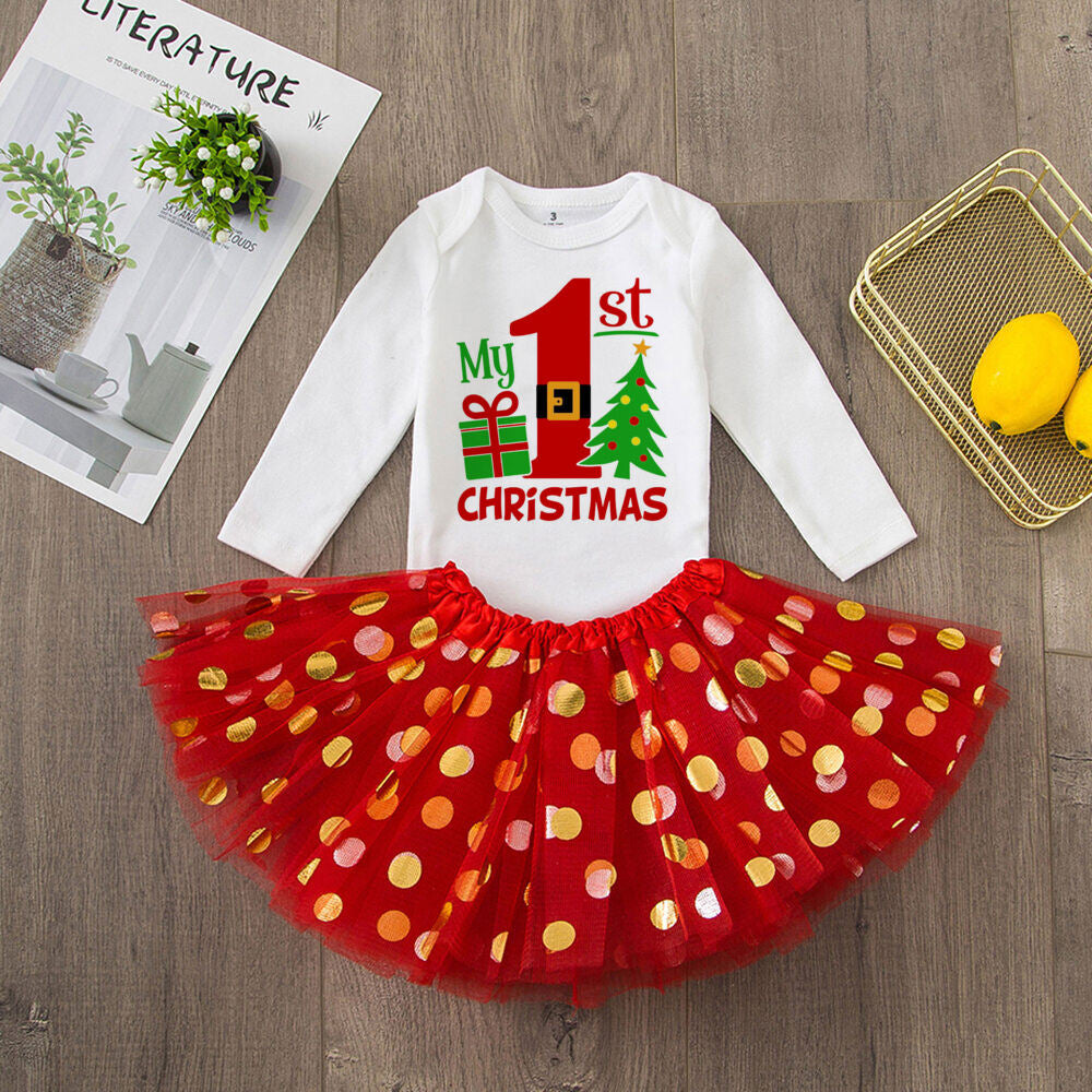 My 1St Christmas Baby Bodysuit Cake Dresses Set Infant Girls Long Sleeve Playsuit Tutu Skirts Clothes Toddler Xmas Party Outfits