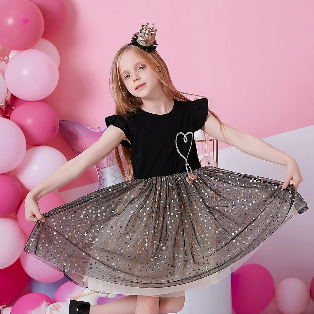 VIKITA Girls Prom Gown Birthday Party Performance Festival Elegant Sequins Princess Dresses Kids Flare Sleeve Mesh Tulle Dress