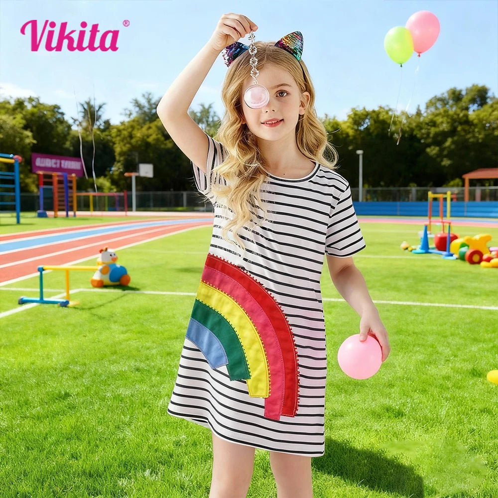 VIKITA Girl Short Sleeve Striped Dress for Summer Kids Rainbow Appliqued Cotton Casual Daily Cozy Straight Vestidos Kids Clothes