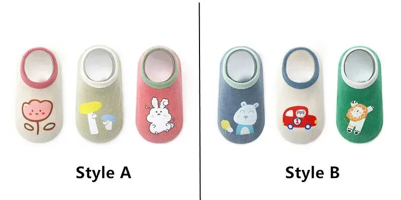 3Pairs Baby Non Slip Socks Cotton Casual Cartoon Print Boys Girls Toddler Floor Socks With Rubber Grips For 1-3Years