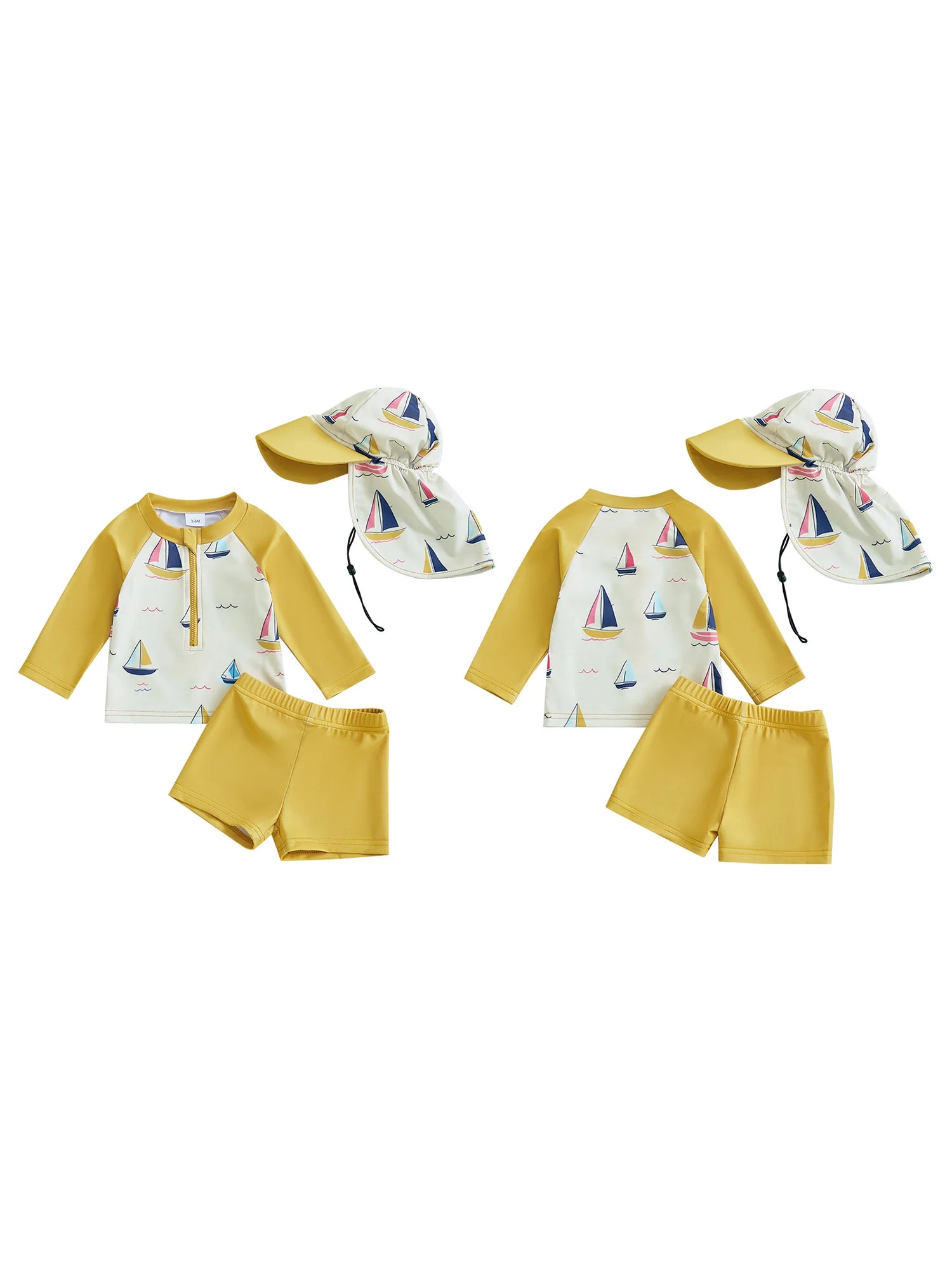 Boys Rash Guard Swimsuit Set with Shark Print Long Sleeve Zipper Tops Solid Shorts and Swim Hat 3 Pcs Outfits for Beach Fun