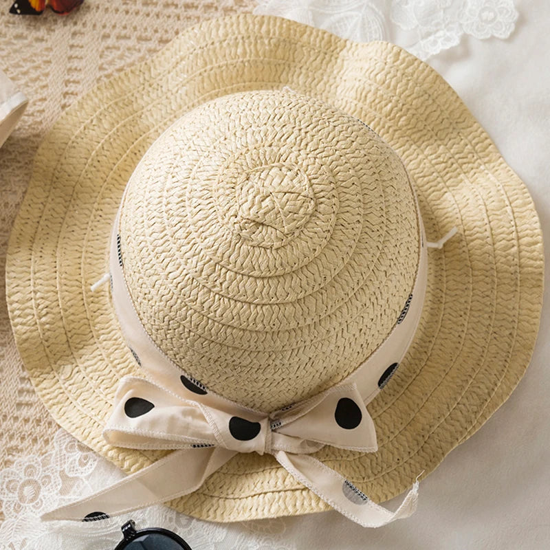 Sweet Black Bow Baby Girl Dress, Summer New Polka Dot Sleeveless Children'S Clothing With Free Hat (9 Months-4 Years Old)