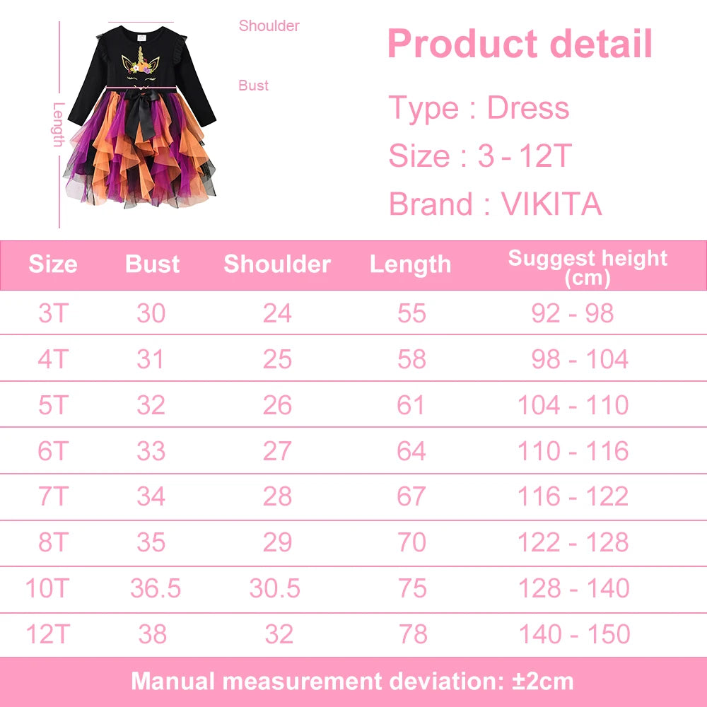 VIKITA Dress for Kids Girl Pumpkin Witches Bats Layered Mesh Tulle Princess Dress Children Cosplay Festival Halloween Costumes