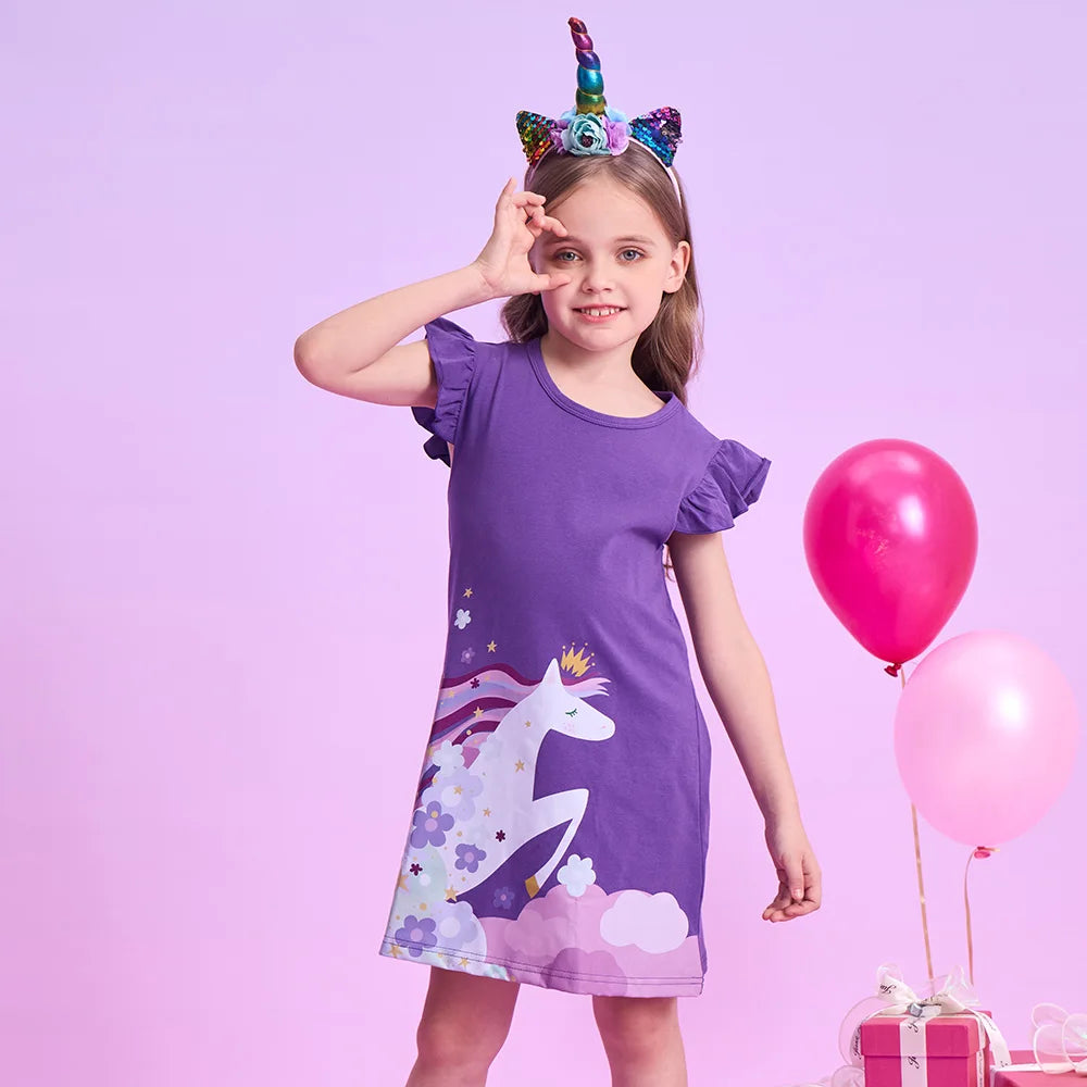 VIKITA Girls Flare Sleeve Summer Dress Kids Cotton Casual Licorne Flower Print Purple Princess Straight Dress Children Clothing