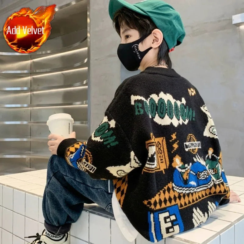2025 New Boys' Autumn/Winter Fleece-Lined Thickened Pullover Knit Sweater - Warm Base Layer for Kids, Trendy & Cozy Design