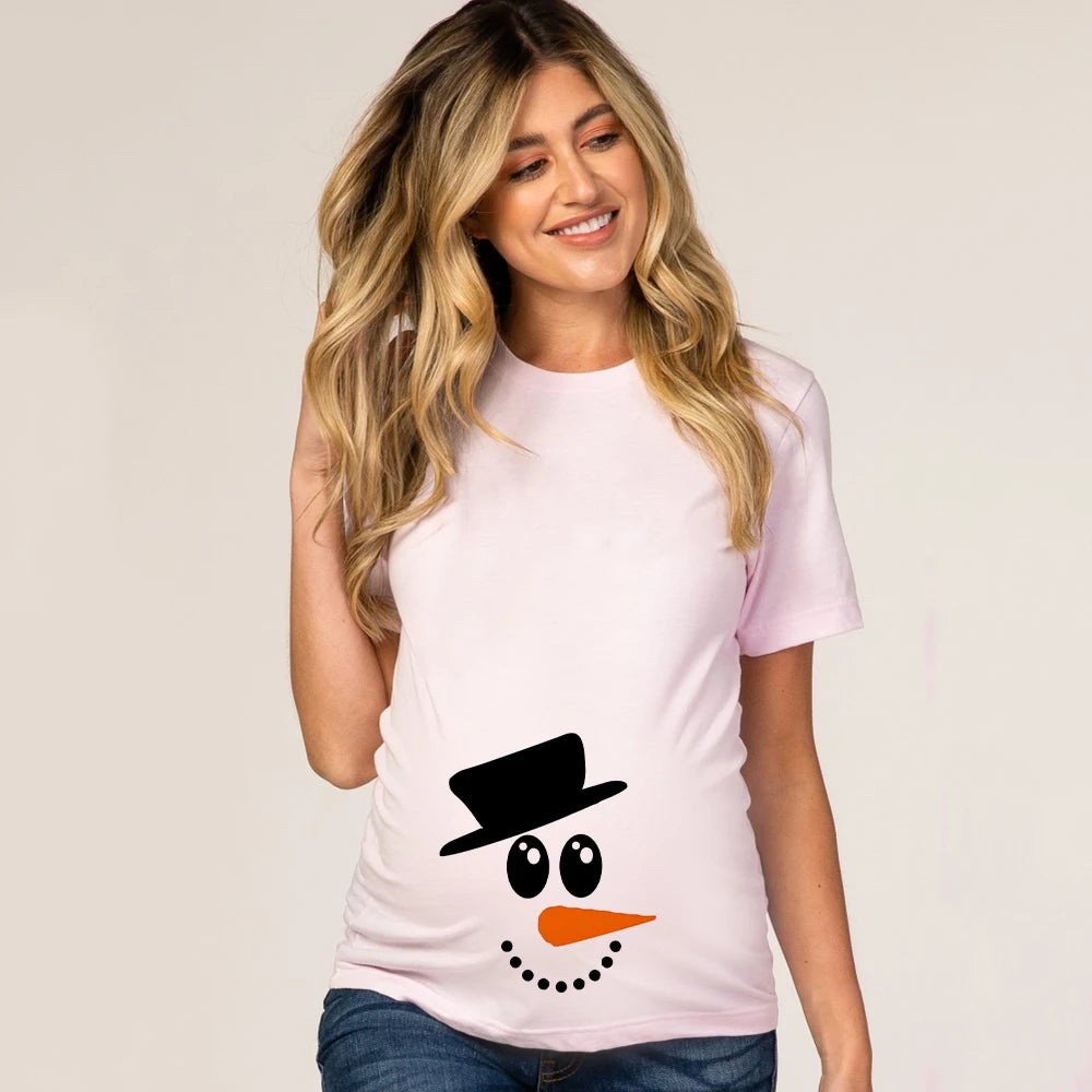 Christmas Pregnant Women T-shirt Snowman Cartoon Printed T Shirt Pregnancy Announcement Clothes Maternity White Short Sleeve Top