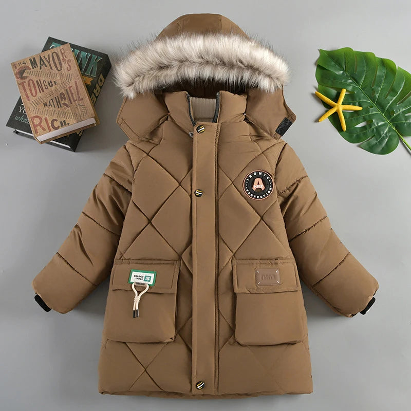 New Winter Boys Jacket Long Style Letter Print Thick Warm Hooded Coat Fur Collar Down Cotton Outerwear For 4-10 Years Kids