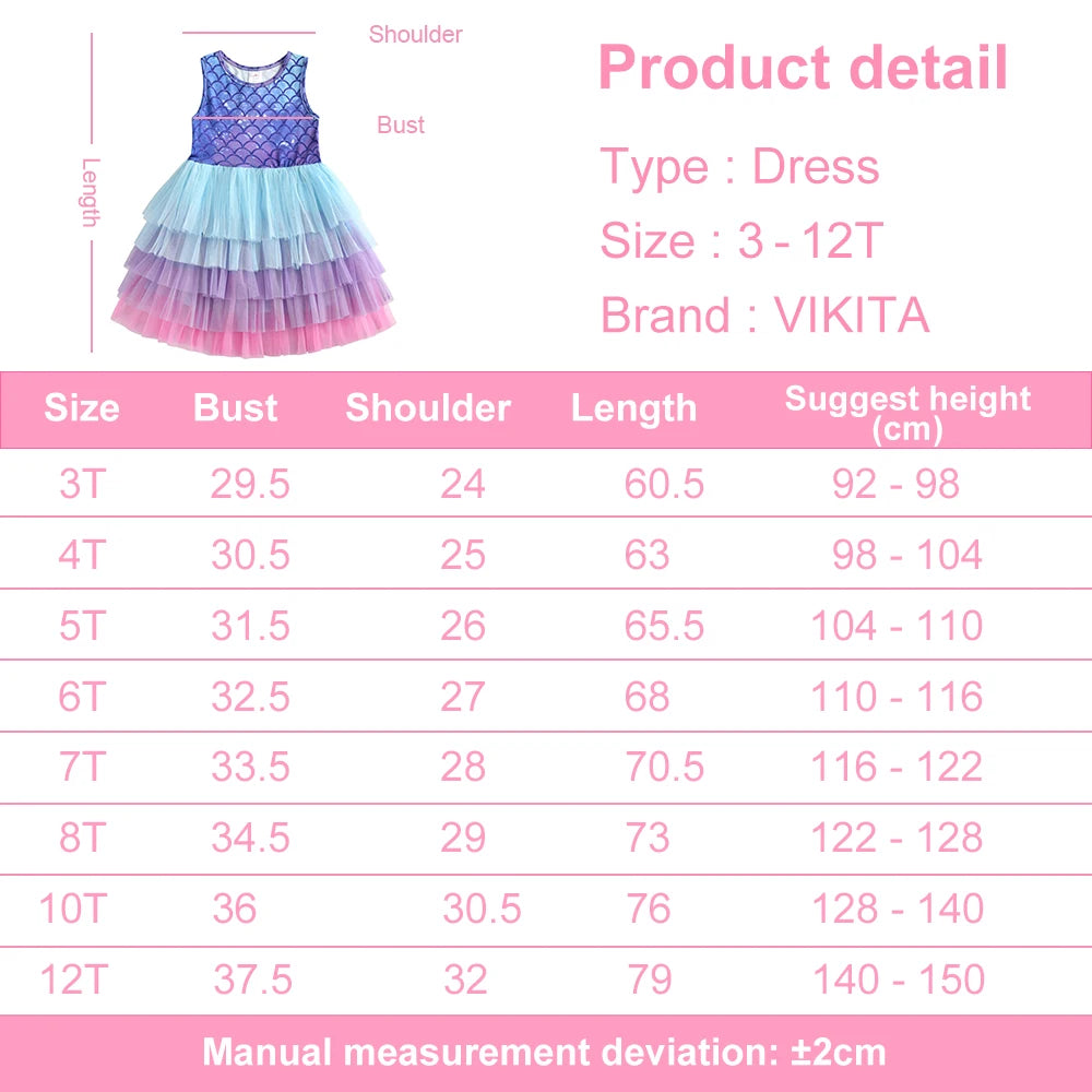 VIKITA Kids Mermaid Print Sleeveless Dress Girls Birthday Party Performance Princess Dresses Girls Mesh Layered Cake Tutu Dress