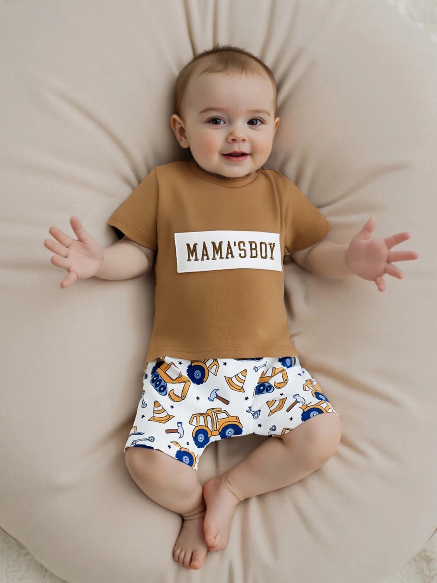 Adorable Baby Boys Summer Outfits with Fun Letter Print T-Shirt and Cute Digger Print Shorts Set for 2-Piece Stylish Ensemble