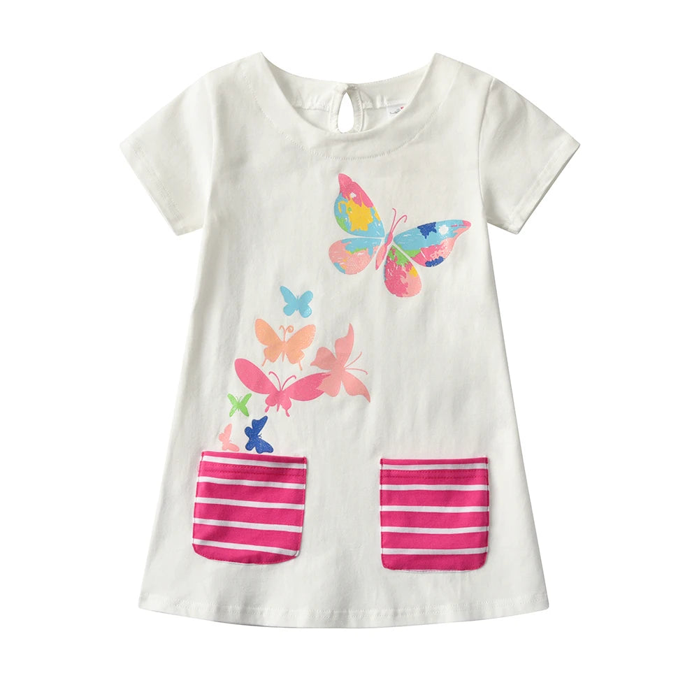 DXTON Summer Children Dresses For Girls Short Sleeve Kids Dresses with Pocket Butterfly Printed Girls Casual Cotton Clothing