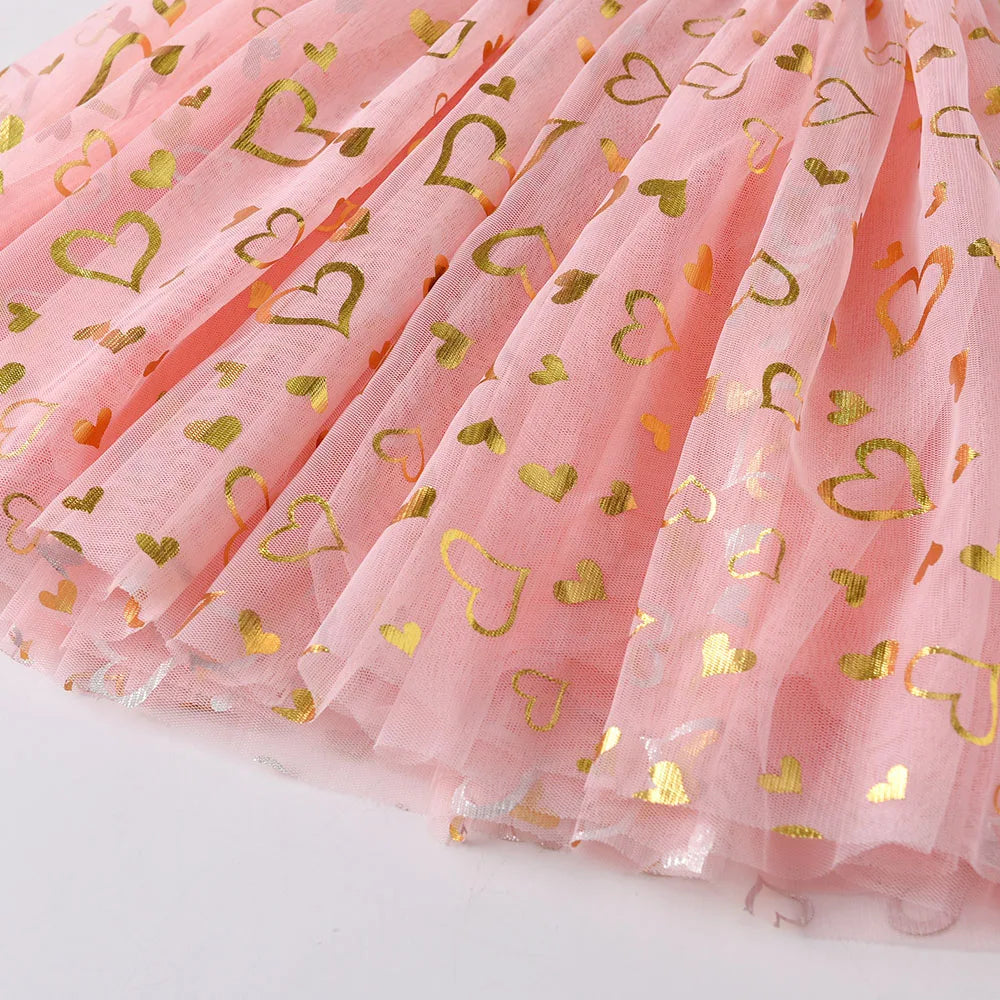 VIKITA Girls Pink Long Sleeve Dress Girls Heart Shape Print Princess Dresses Toddlers Tulle Mesh Festive Casual Wear Costumes