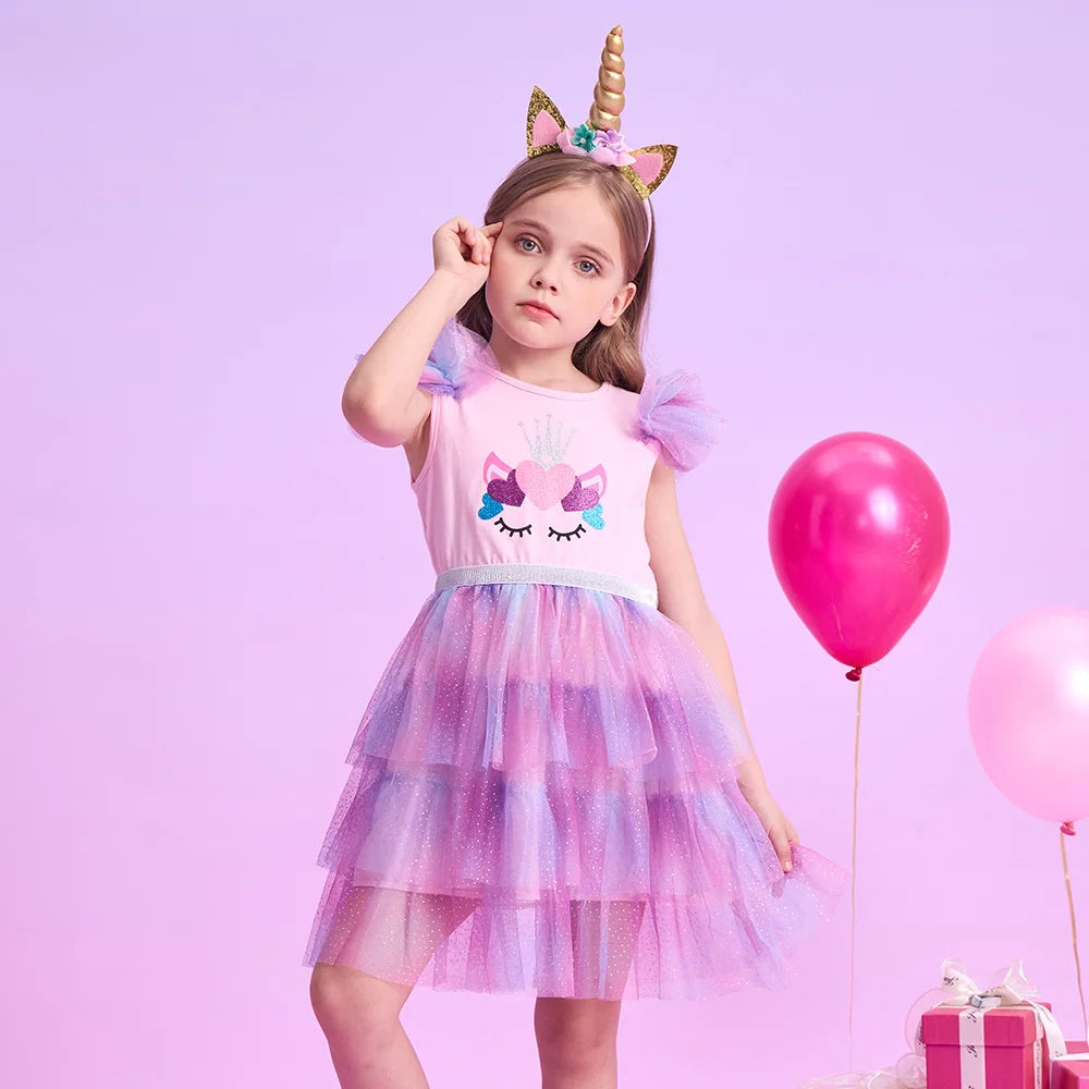 VIKITA Girls Unicorn Print Cartoon Dress Kids Summer Flare Sleeve Dresses Girls Layered Mesh Tulle Tutu Party Dress Kids Clothes