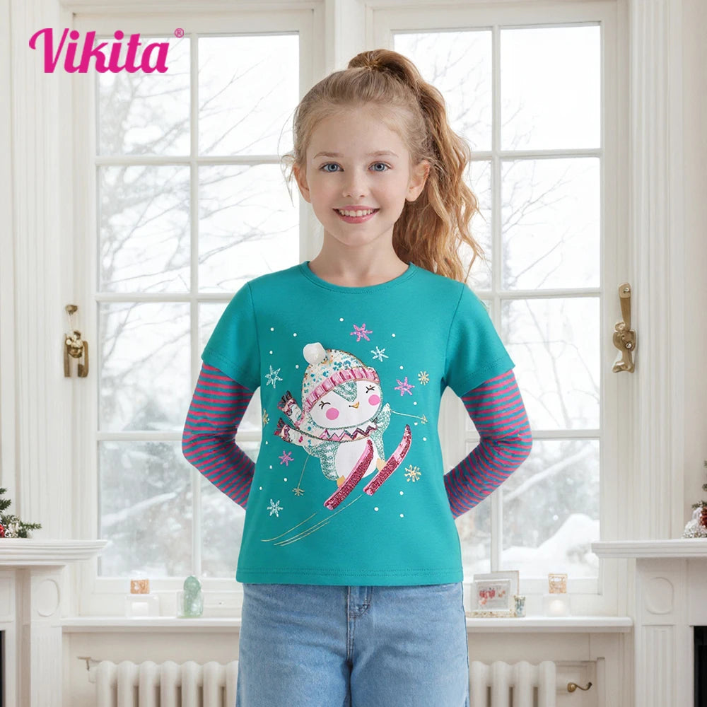 VIKITA Girls New Year Christmas Xmas Striped T Shirts Toddlers Snowman Snowflakes Cartoon Appliqued Cotton Casual Tops Tees Gift