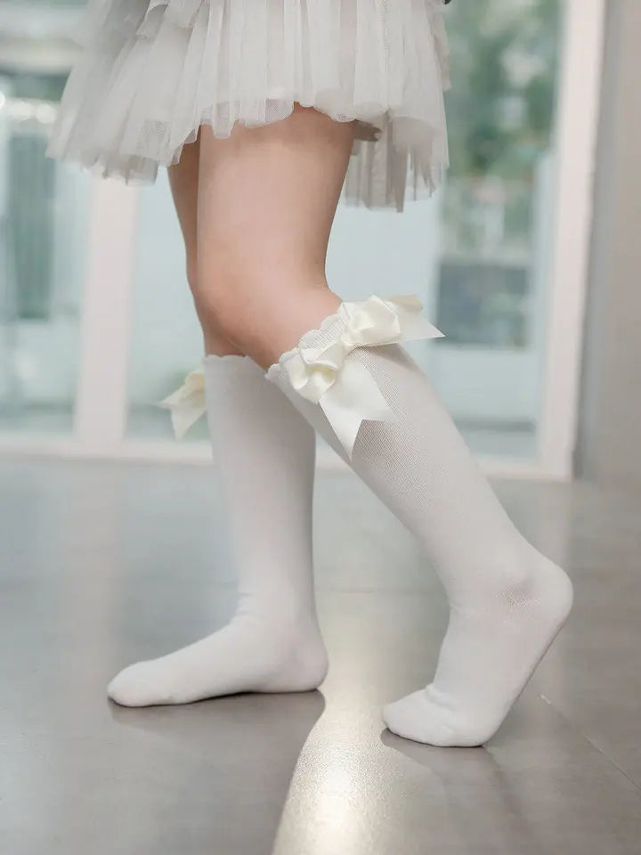 1 Pair Spanish Style Girls Socks Solid Color Big Bow 100% Cotton Baby Children Toddlers Long Socks Princess Knee High Socks