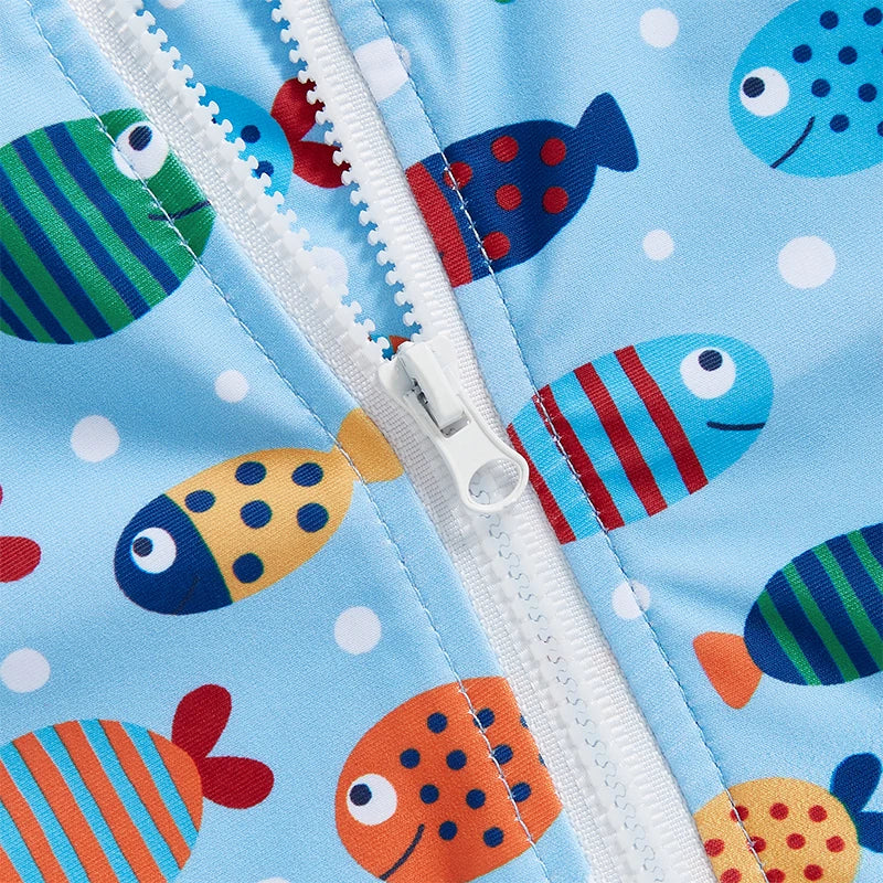 Toddler Boy UV Protection Swimsuit Set with Fish Print Long Sleeve Rash Guard Half Zipper and Sunhat for Sun Safety