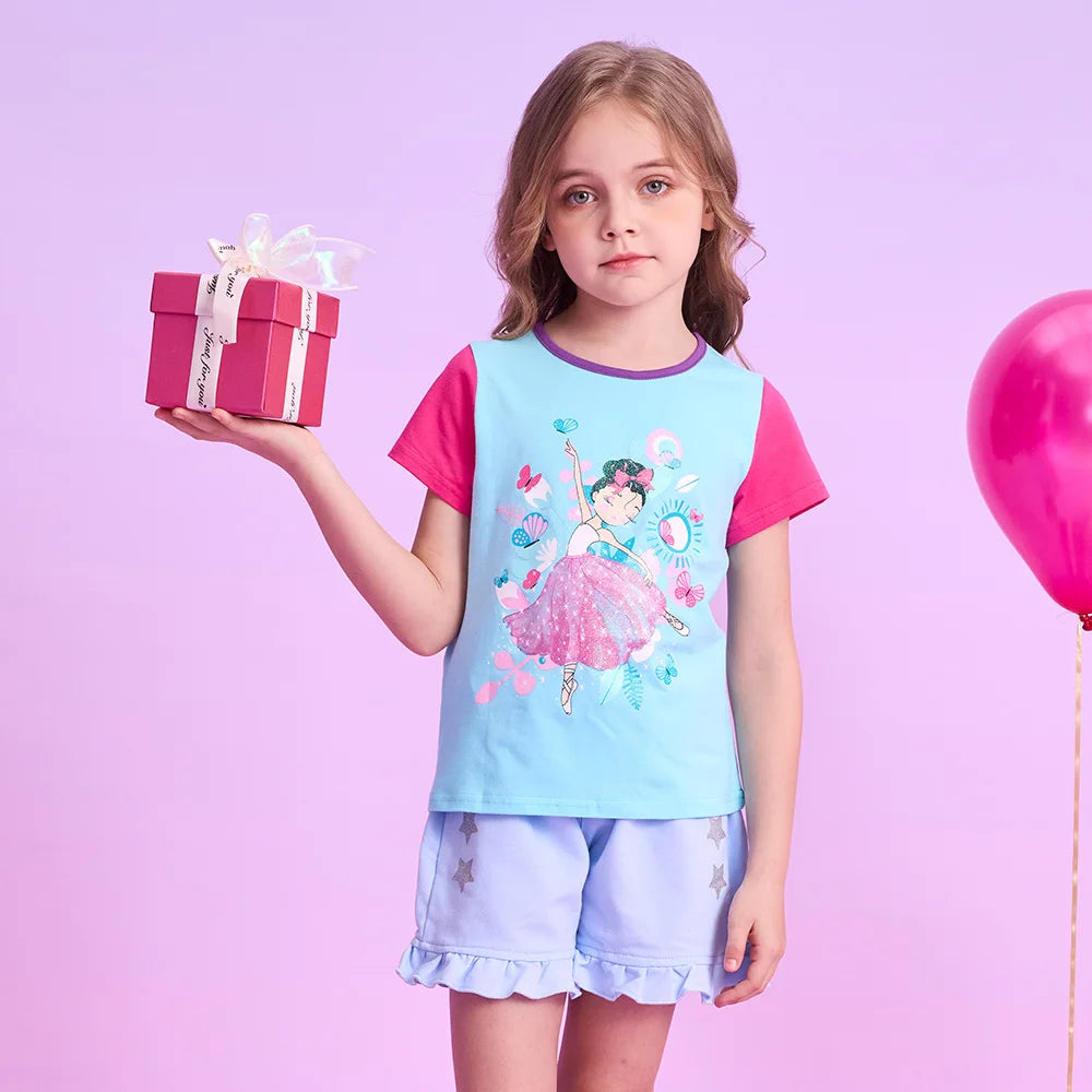 VIKITA Girls Doll Print Cartoon T Shirt Kids O Neck Cotton School Daily Tops and Tees Casual Wear Kids Summer Short Sleeve Tees