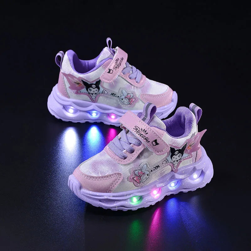Kids'Casual Shoes Girls Led Light Cartoon PU Leather Spring Fashion Flat Bottom Anti-slip Soft Bottom Pink Purple Size 21-30
