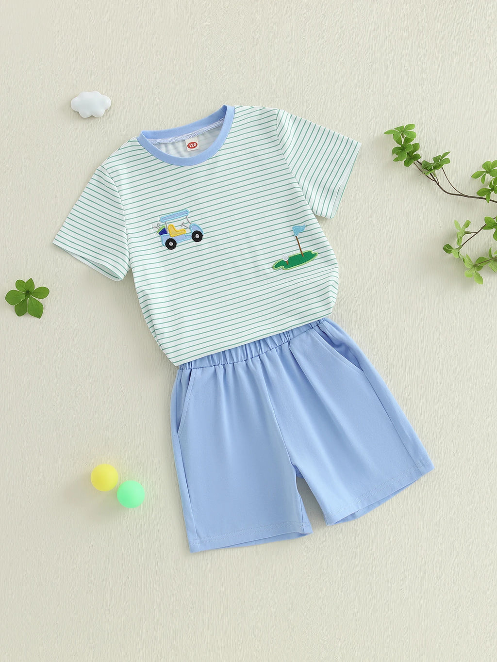 Boys Summer Golf Theme Embroidered T-Shirt and Elastic Waist Shorts Set with Round Neck and Short Sleeves 2-Piece Outfit