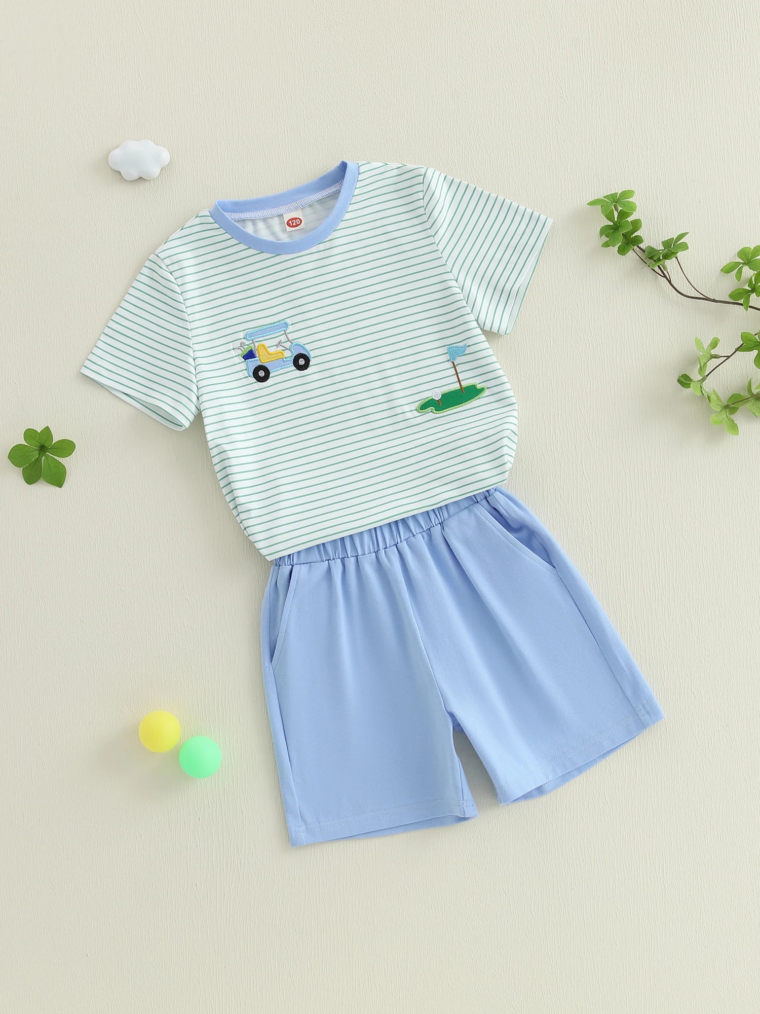 Boys Summer Golf Theme Embroidered T-Shirt and Elastic Waist Shorts Set with Round Neck and Short Sleeves 2-Piece Outfit