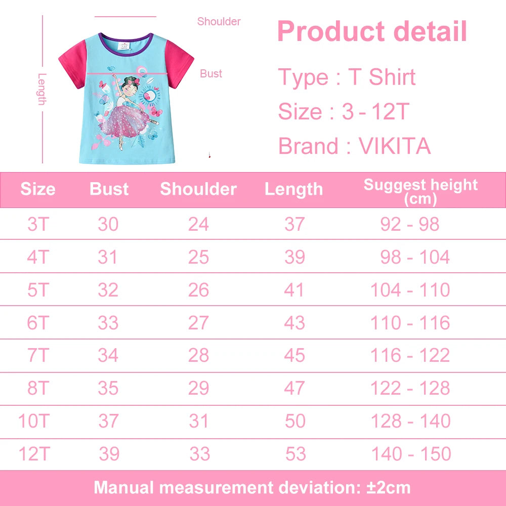 VIKITA Girls Doll Print Cartoon T Shirt Kids O Neck Cotton School Daily Tops and Tees Casual Wear Kids Summer Short Sleeve Tees
